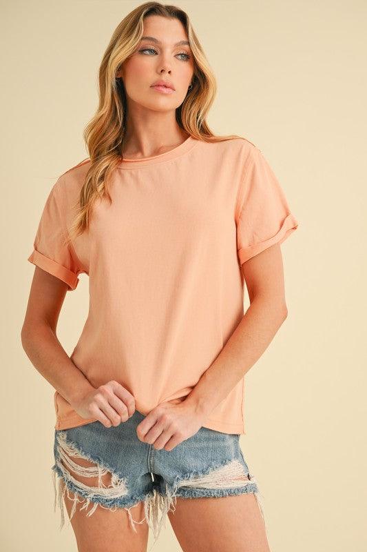 Watermelon pink Aemi + Co Exposed Seam Round Neck Short Sleeve T-Shirt | T-Shirts Daverri Fashions