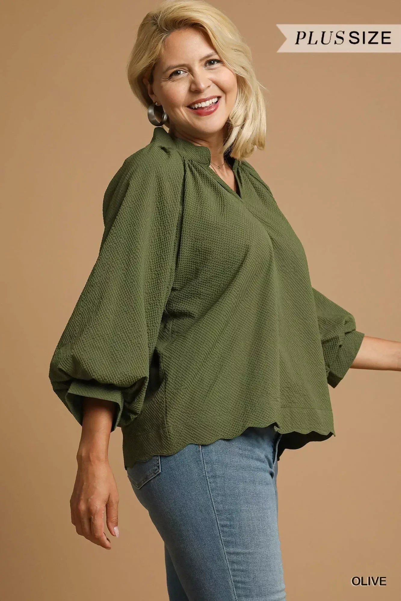 Umgee Full Size Textured Notched Balloon Sleeve Blouse Plus Size - DAVERRI FASHIONS
