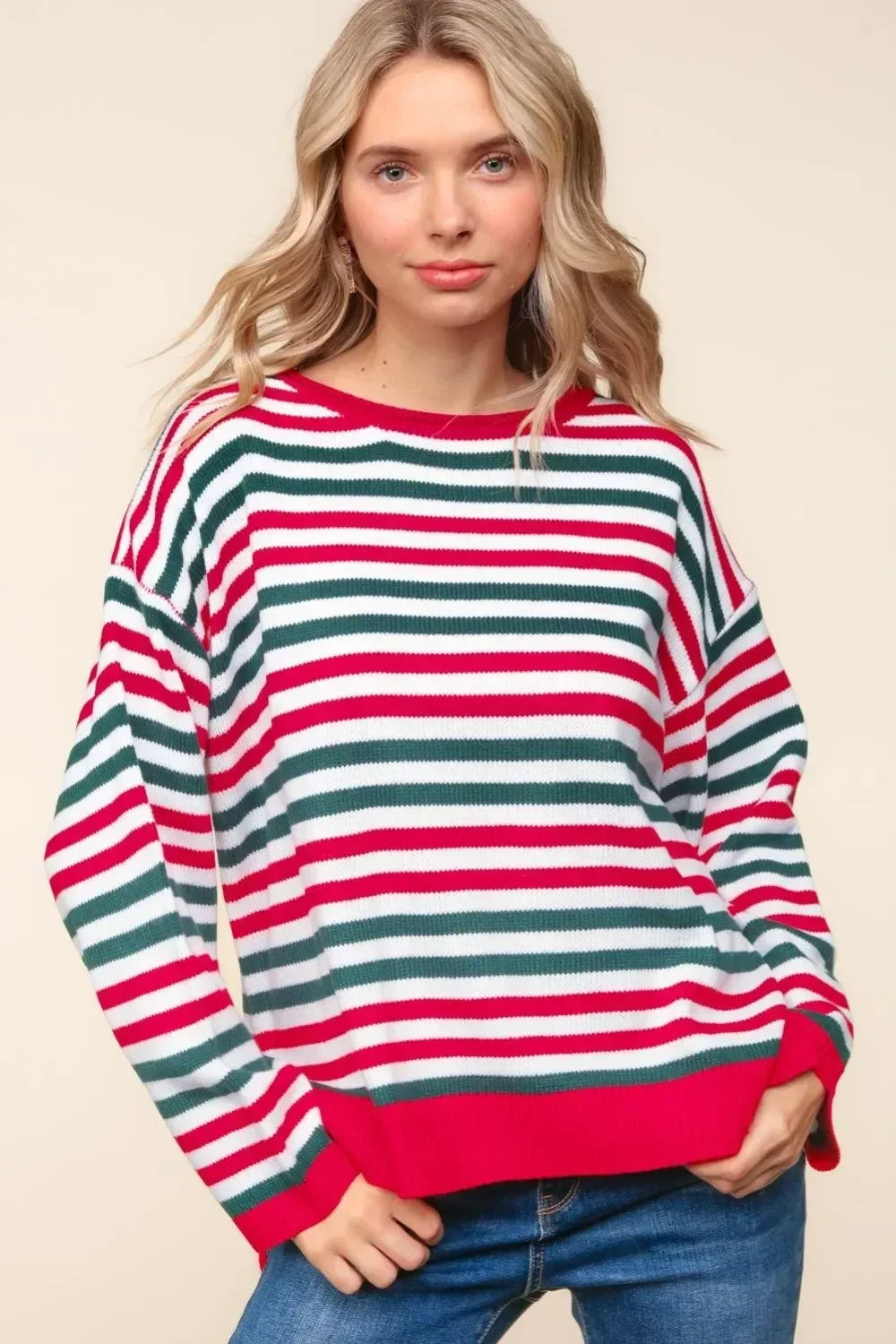 Haptics Full Size Striped Contrast Side Slit Knit Top - DAVERRI FASHIONS