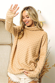 BiBi Checkered Round Neck Thumbhole Long Sleeve Top TAUPE S