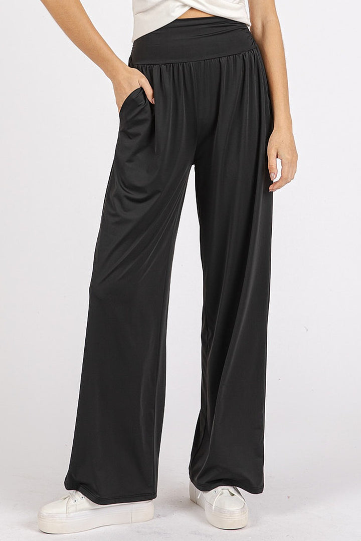 Mittoshop Stretch Banded Waist Wide Leg Pants with Pockets Black