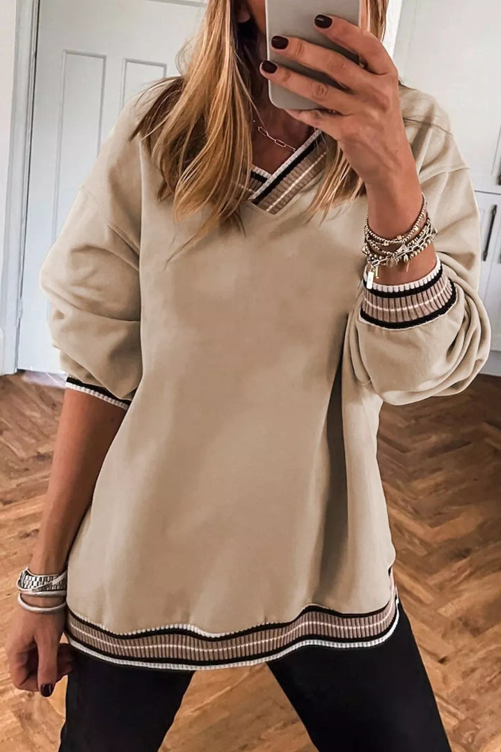 Casual V-Neck Striped Trim Pullover | Sweatshirts Daverri Fashions