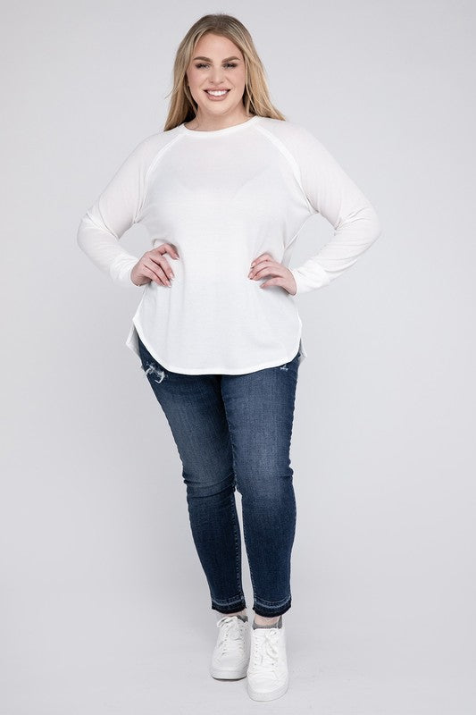 Plus Melange Baby Waffle Long Sleeve Top Plus Tops