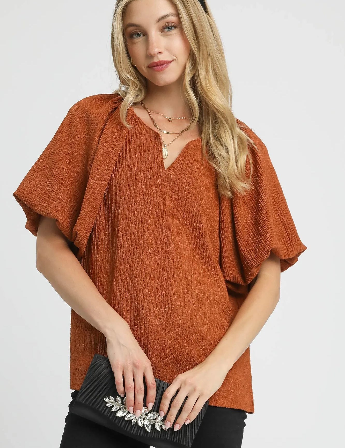 Rust Umgee Textured Flutter Sleeve Notch Neck Top Rust | Blouses Daverri Fashions