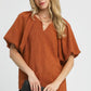 Umgee Textured Flutter Sleeve Notch Neck Top Rust