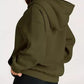 Olive green oversized kangaroo pocket hoodie with relaxed fit and ribbed cuffs
