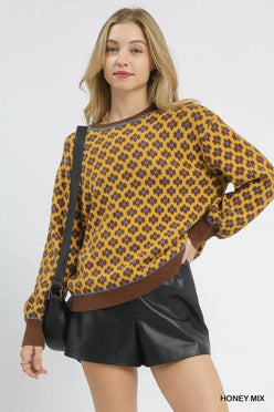 Umgee Abstract Print Crew Neck Sweater - DAVERRI FASHIONS