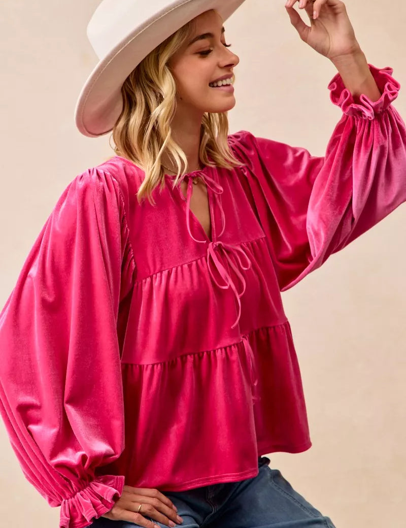 BiBi Christmas Theme Velvet Bow Tied Blouse | Blouses Daverri Fashions