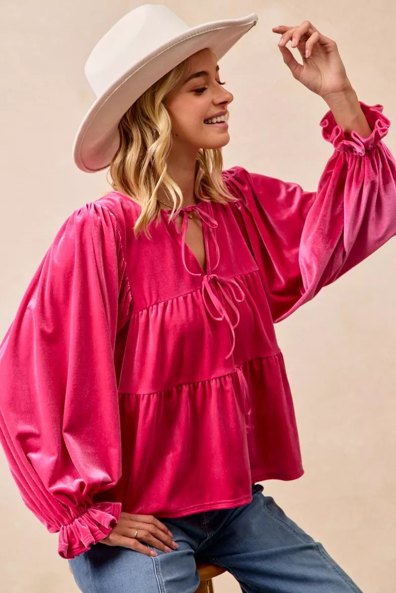 BiBi Christmas Theme Velvet Bow Tied Blouse | Blouses Daverri Fashions