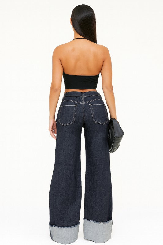 Womens low rise diamond stars wide-leg denim jeans with rolled cuffs