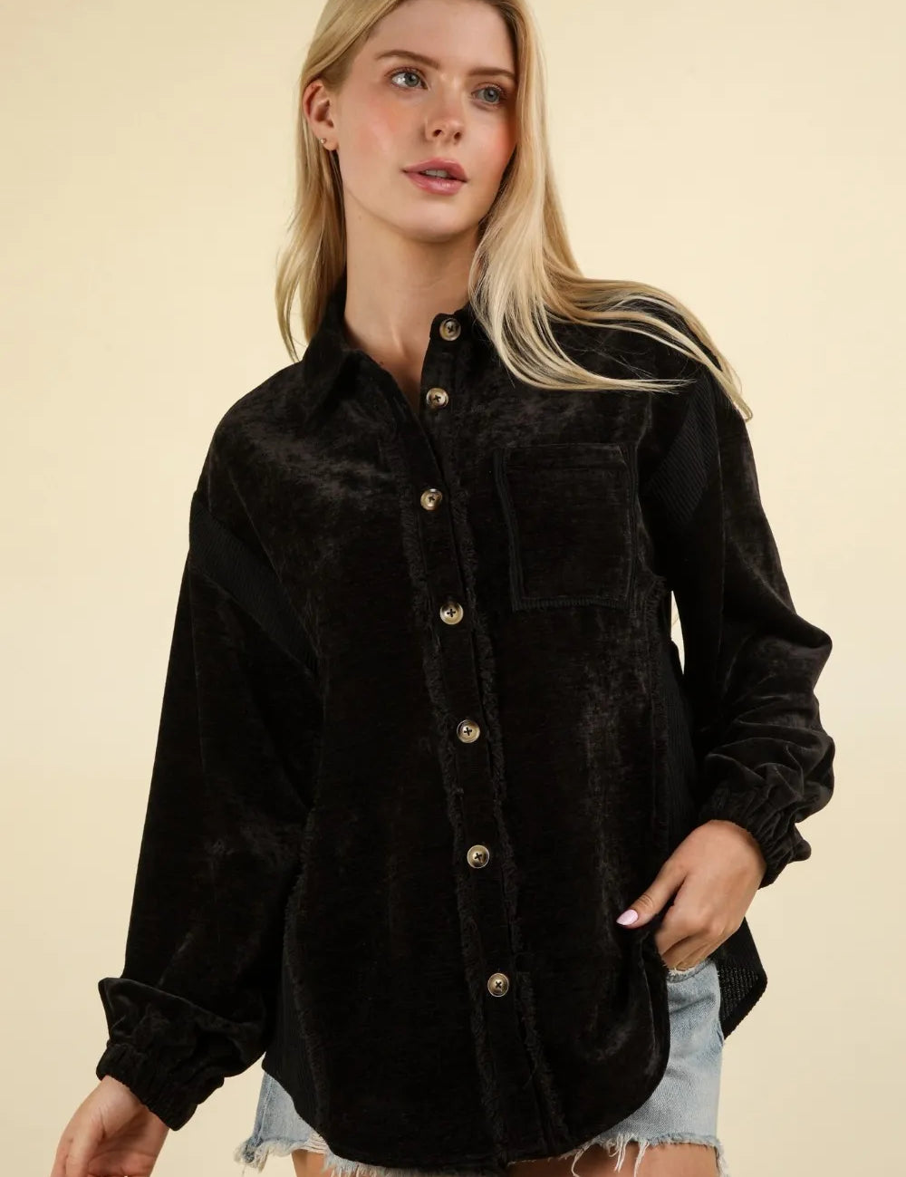 Black VERY J Mixed Media Button Down Raw Hem Shacket | Shackets Daverri Fashions