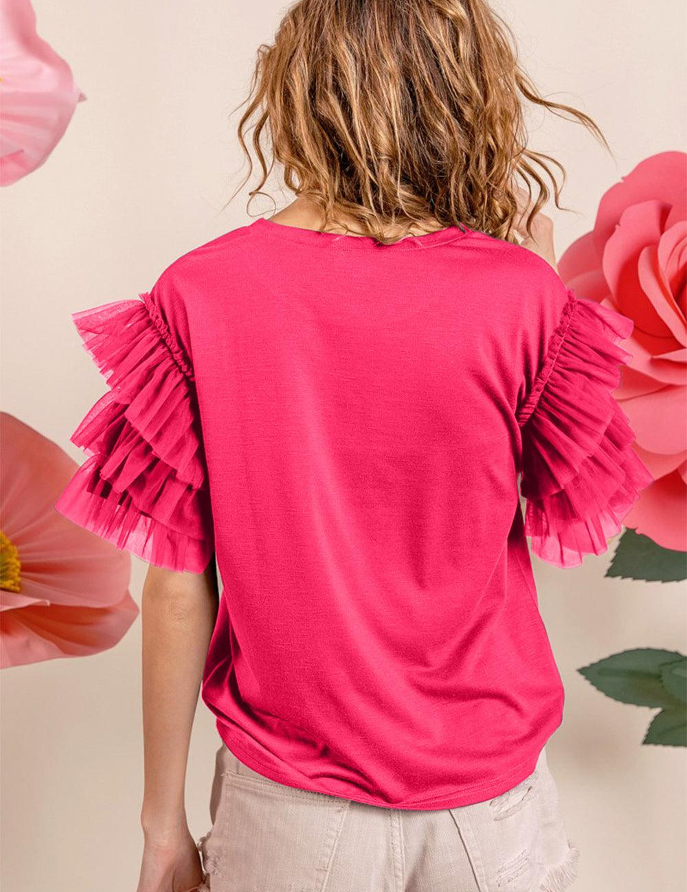 BiBi Ruffle Mesh Lace Layered Short Sleeve Top | Tops Daverri Fashions