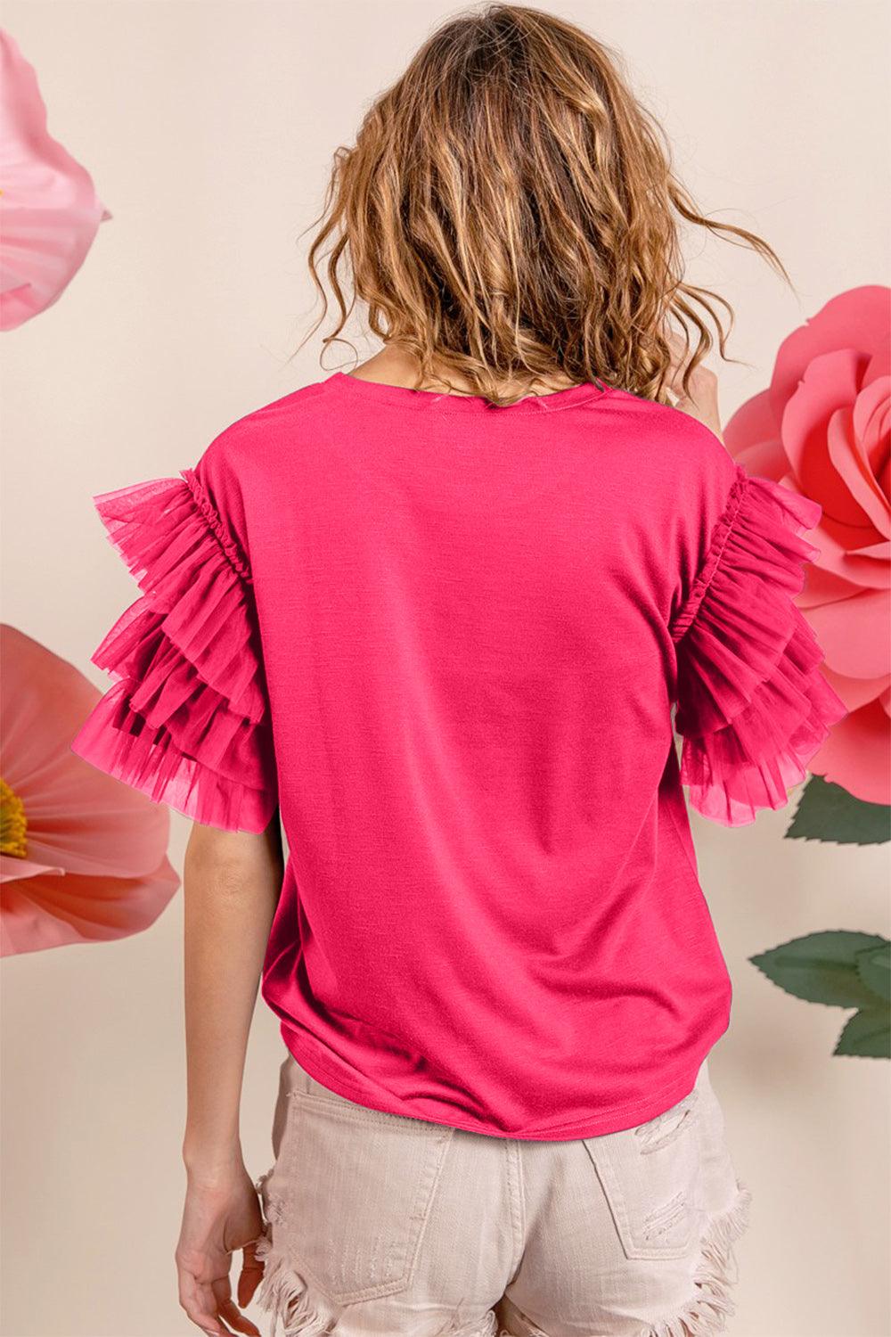 BiBi Ruffle Mesh Lace Layered Short Sleeve Top Tops