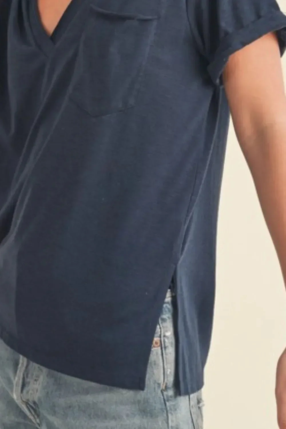 Aemi + Co Side Slit V-Neck Short Rolled Sleeve T-Shirt - DAVERRI FASHIONS