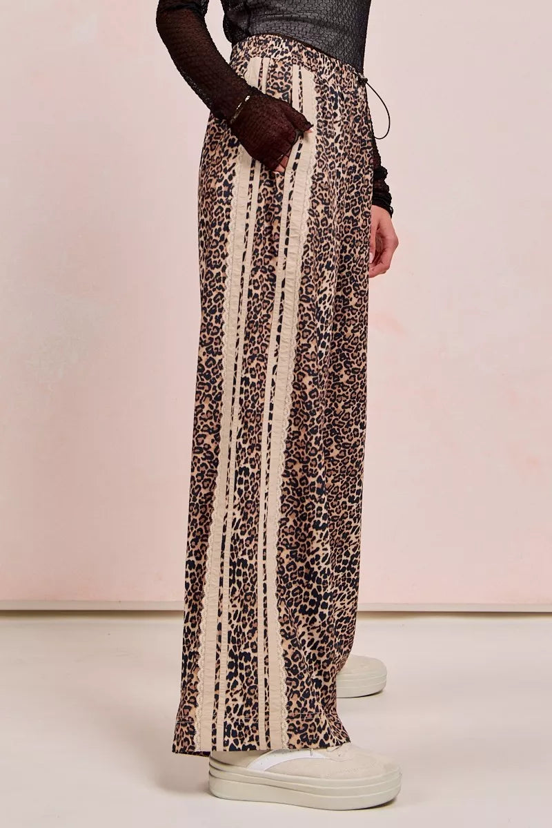 BiBi Leopard Printed Track Pants with Side Contrast Lace | Loungewear Bottoms Daverri Fashions