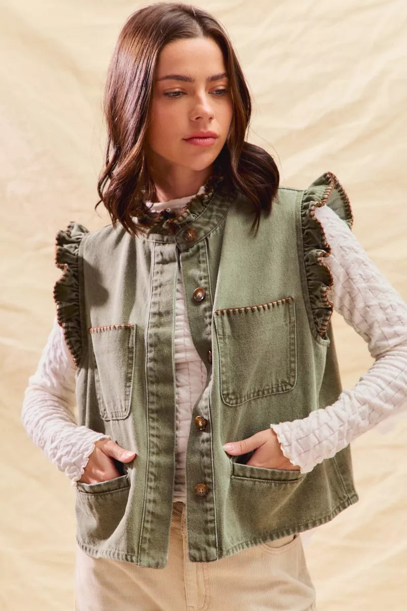 SO ME Washed Denim Stitch Ruffled Hidden Button Vest Top | Daverri Fashions