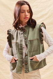 SO ME Washed Denim Stitch Ruffled Hidden Button Vest Top | Daverri Fashions