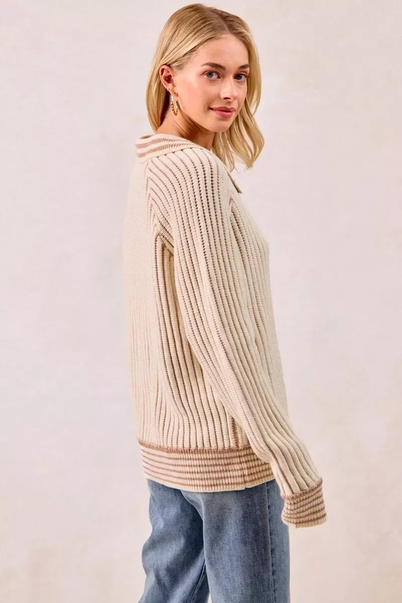 BiBi Half Button Ribbed Two Tone Sweater - DAVERRI FASHIONS