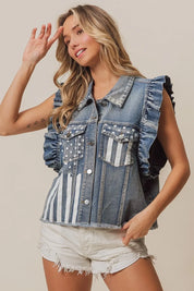 DENIM BiBi American Flag Washed Denim Jacket | Jackets Daverri Fashions
