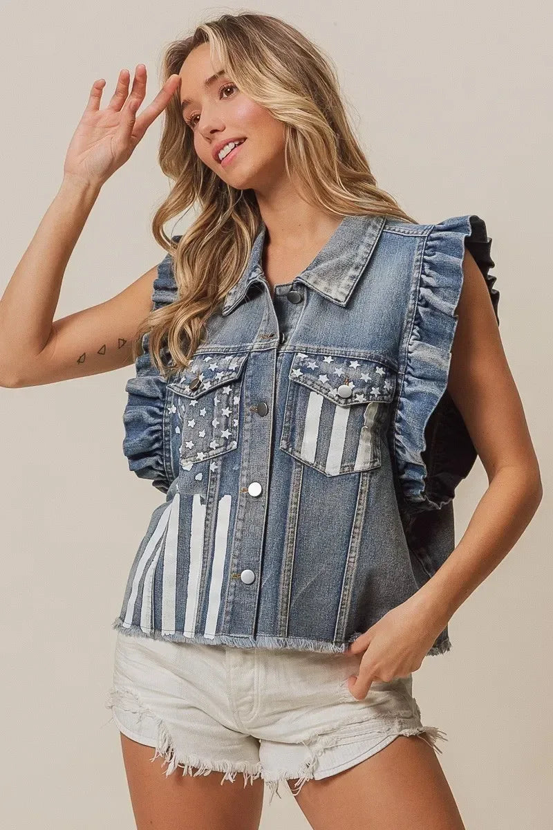 BiBi American Flag Washed Denim Jacket - DAVERRI FASHIONS