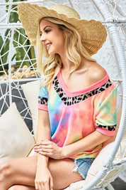 BiBi Rainbow Tie-Dye Leopard Trim V-Neck T-Shirt | T-Shirts Daverri Fashions