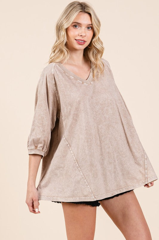 Mittoshop Mineral Wash V-Neck Raglan A-Line Relaxed Top