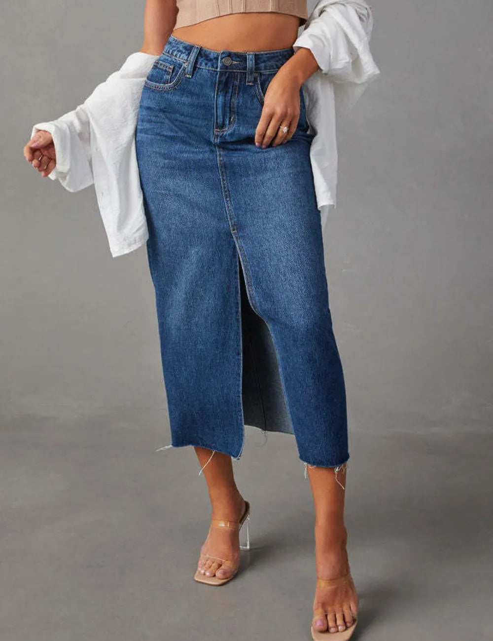Medium Raw Hem Front Slit Denim Midi Skirt | Skirt Daverri Fashions