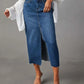 Raw Hem Front Slit Denim Midi Skirt - DAVERRI FASHIONS