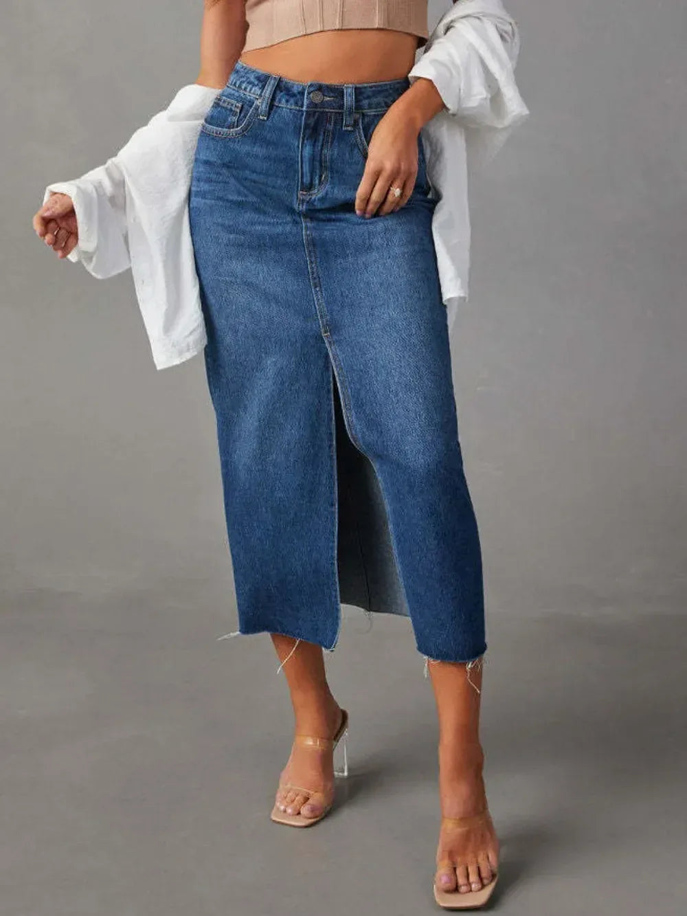 Raw Hem Front Slit Denim Midi Skirt - DAVERRI FASHIONS