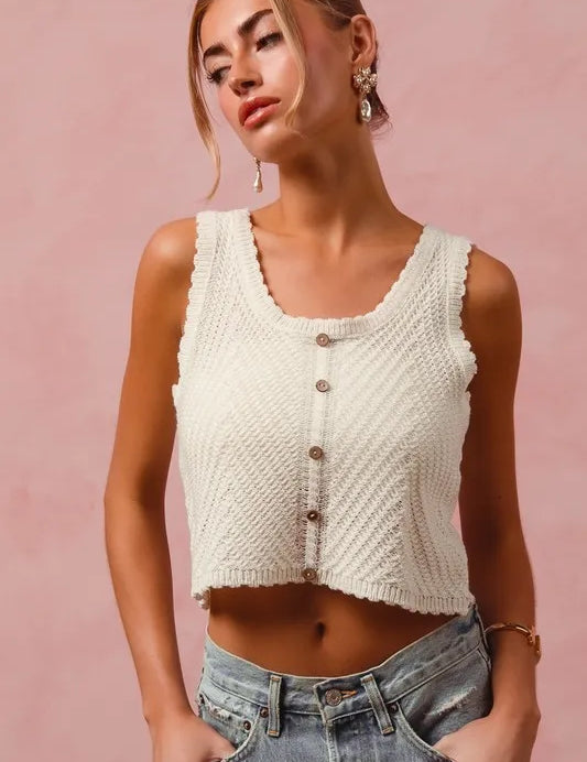 OFF WHITE SO ME Chevron Pattern Buttoned Front Lightweight Tank Top | Tank Tops Daverri Fashions