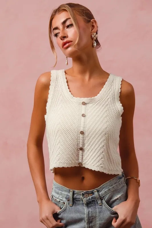 SO ME Chevron Pattern Buttoned Front Lightweight Tank Top OFF WHITE Tank Tops