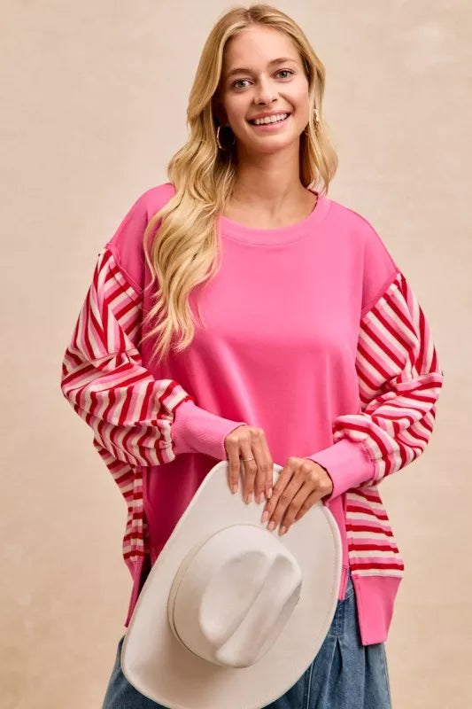 BiBi French Terry Stripe Combo Sweatshirt in pink and red stripes