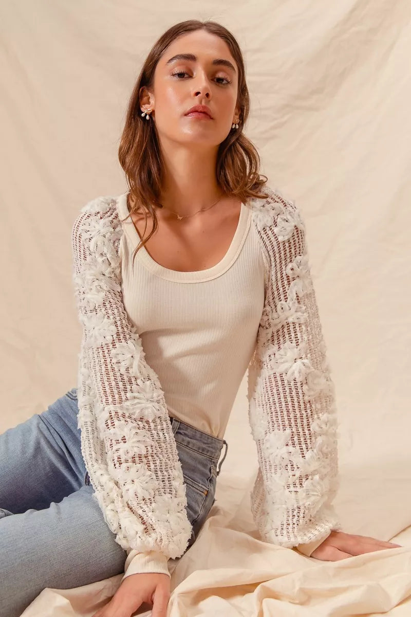 SO ME Rib Knit Top with Lace Balloon Sleeves | Knit Tops Daverri Fashions