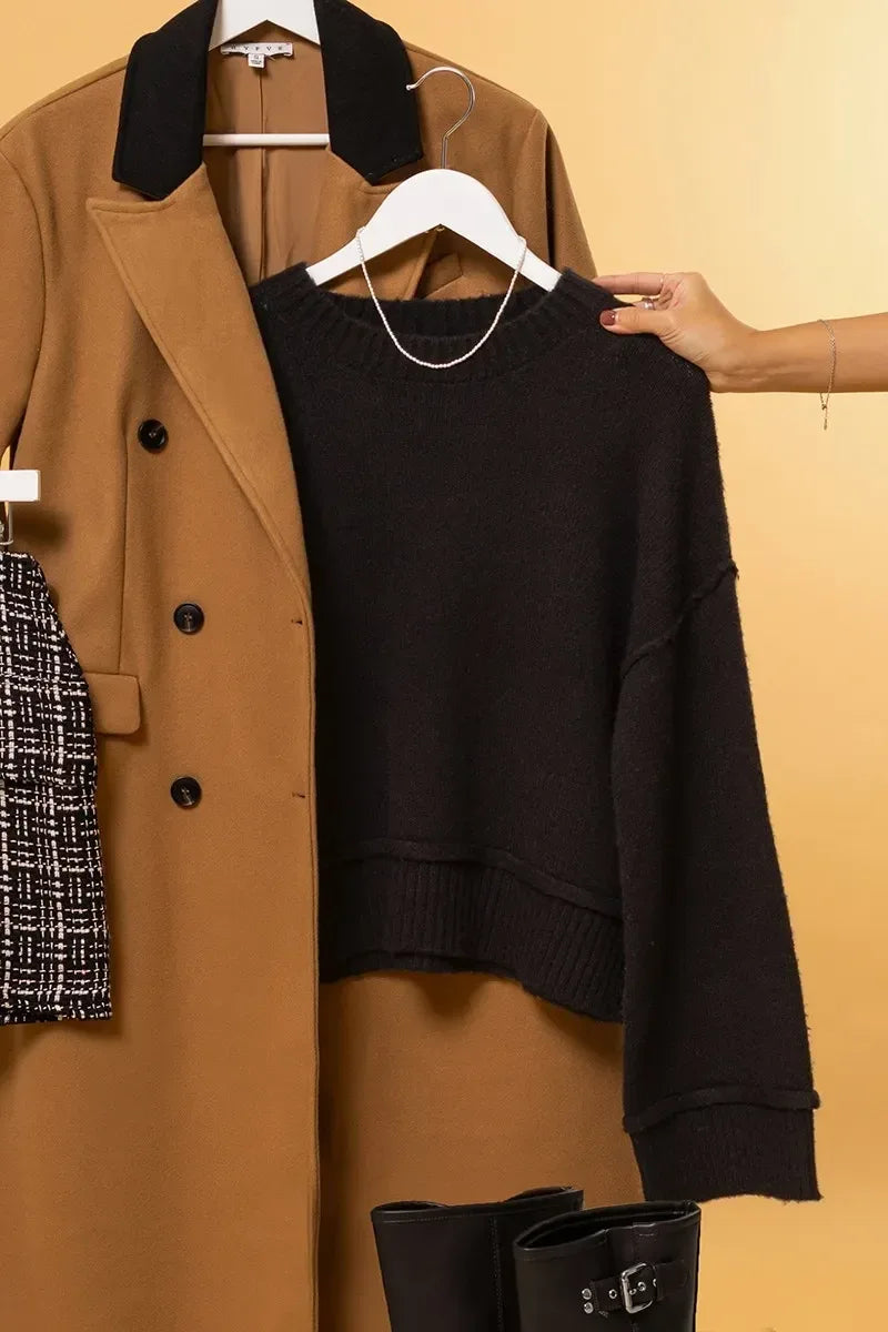 HYFVE Round Neck Dropped Shoulder Ribbed Sweater - DAVERRI FASHIONS