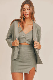 Dusty Olive M L MABLE 3 Pieces Sweater Set with Crop Cami, Mini Skirt, Cardigan | Outfit Sets Daverri Fashions