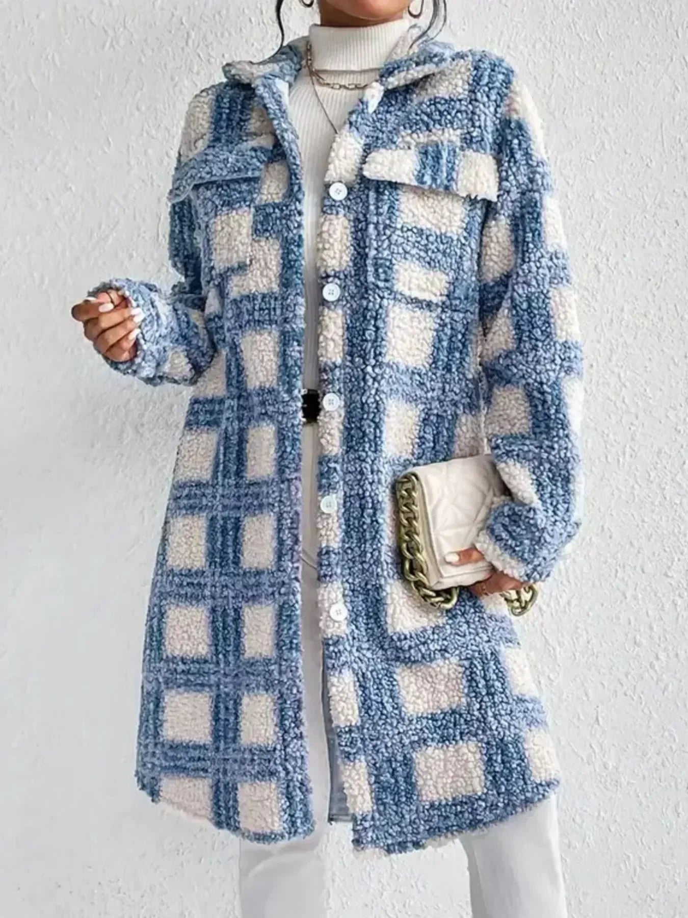 Plaid Button Up Long Sleeve Fleece Coat - DAVERRI FASHIONS