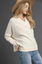Umgee V-Neck Sweater with Wide Trim Detail | Daverri Fashions