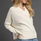 Umgee V-Neck Sweater with Wide Trim Detail - DAVERRI FASHIONS