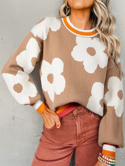Tan Flower Pattern Contrast Striped Baggy Sweater | Sweaters Daverri Fashions