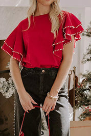Deep Red Ruffle Sleeve Pearl Embellished Knit Top | Knit Tops Daverri Fashions