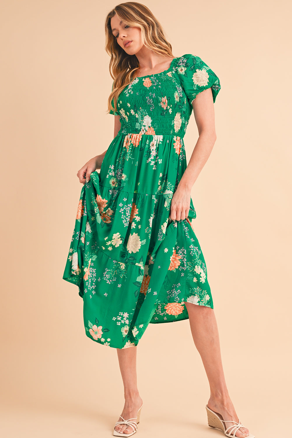 Green Floral Print Bubble Sleeve Smocked Tiered Midi Dress Midi Dresses