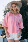 ODDI Full Size Poplin Bubble Sleeve Blouse - DAVERRI FASHIONS
