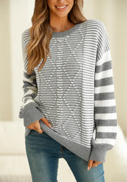 Gray Striped Round Neck Dropped Shoulder Sweater | Sweaters Daverri Fashions