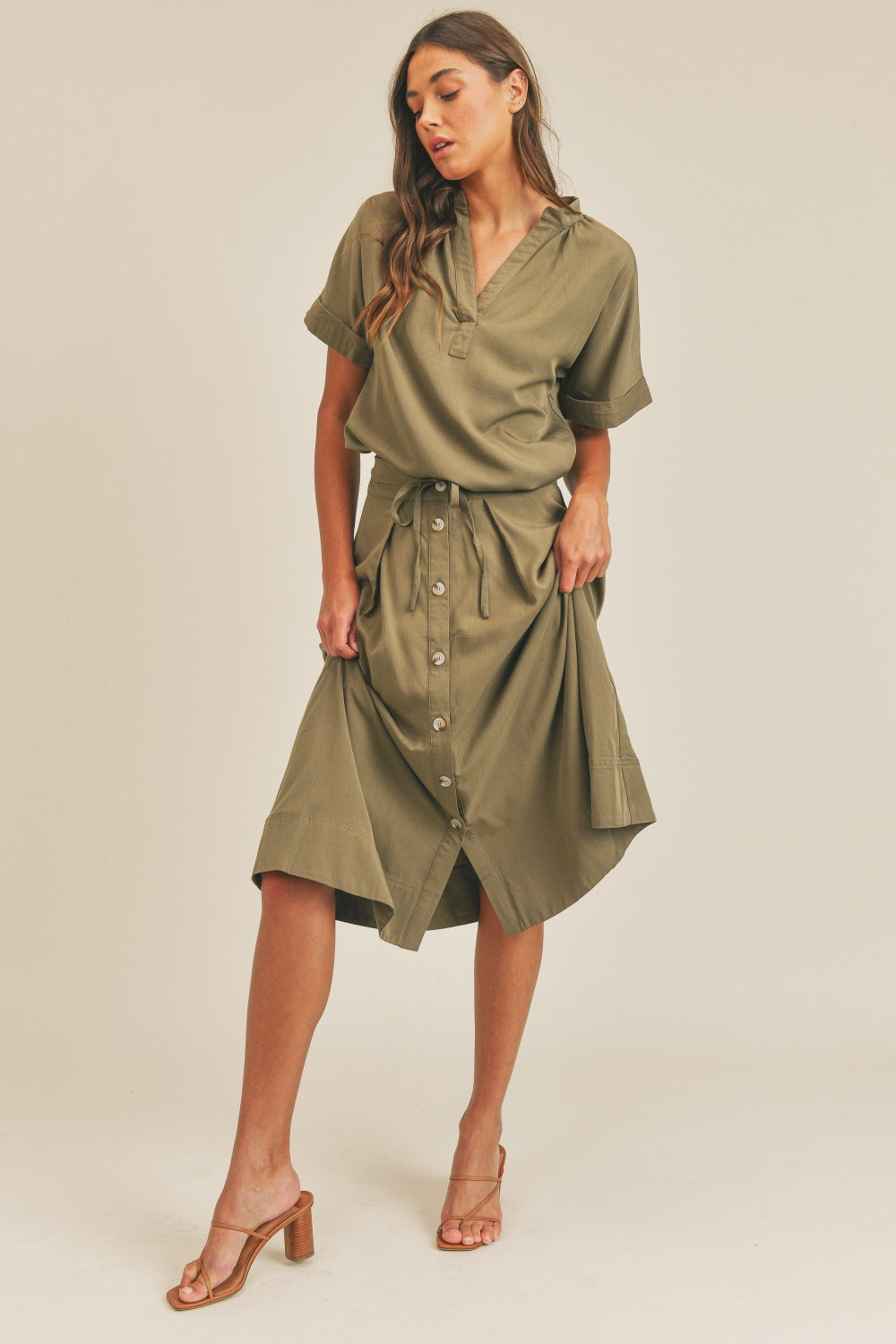 MABLE Short Sleeve Top and Button Down Midi Skirt Set Olive Skirts