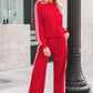 Red womens crewneck tracksuit set with white stripes
