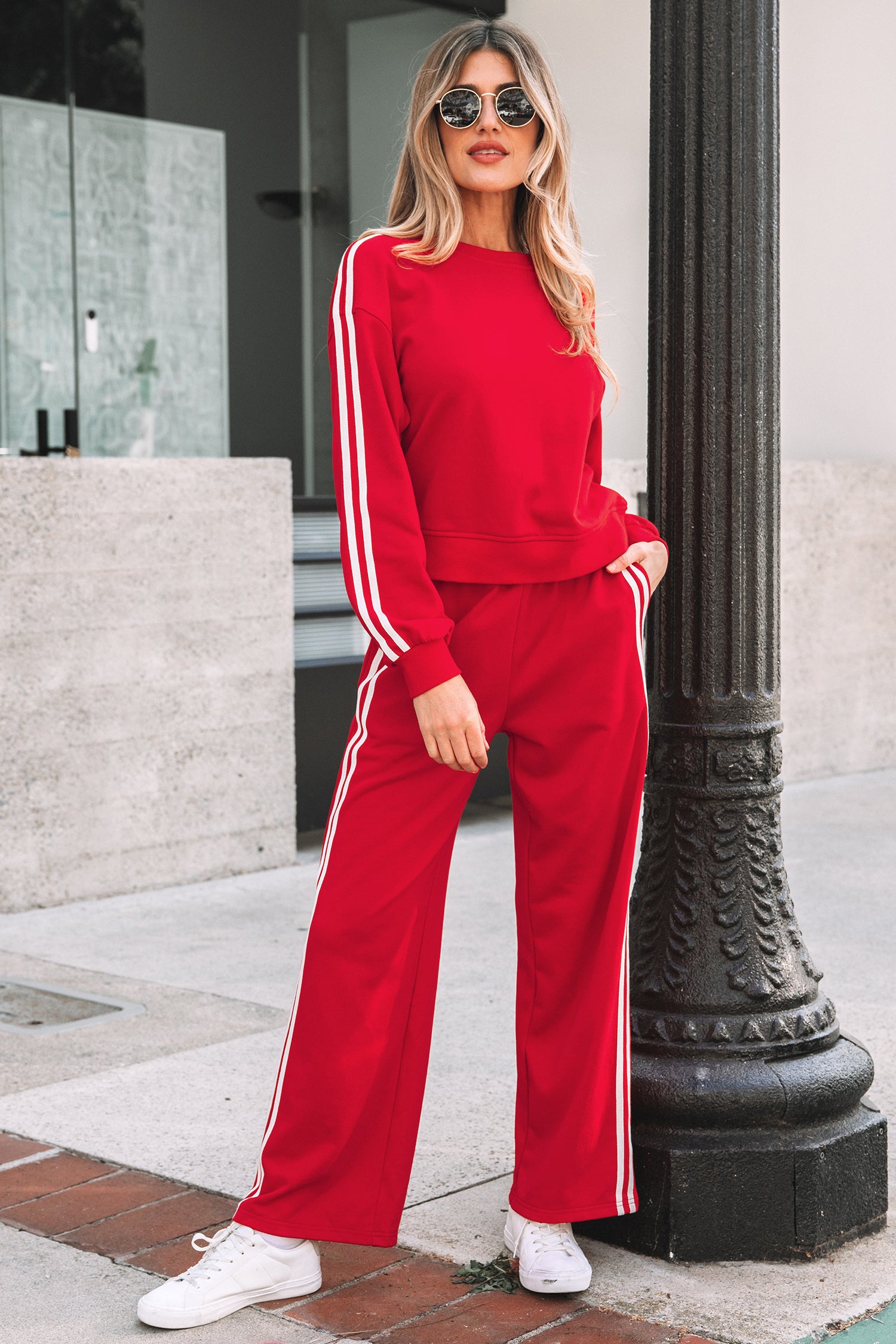 Red womens crewneck tracksuit set with white stripes