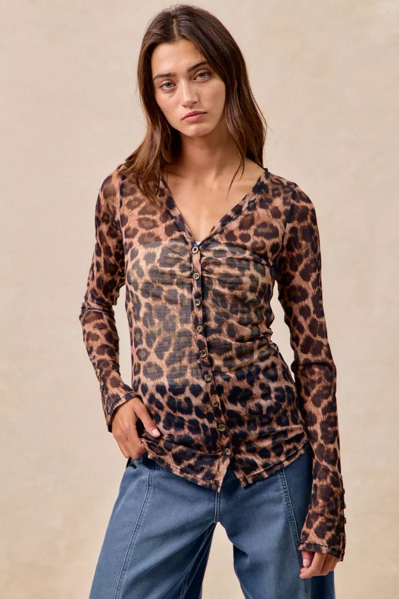 BiBi Leopard Printed Mesh Shirt With Button Up V Neck | Shirts Daverri Fashions