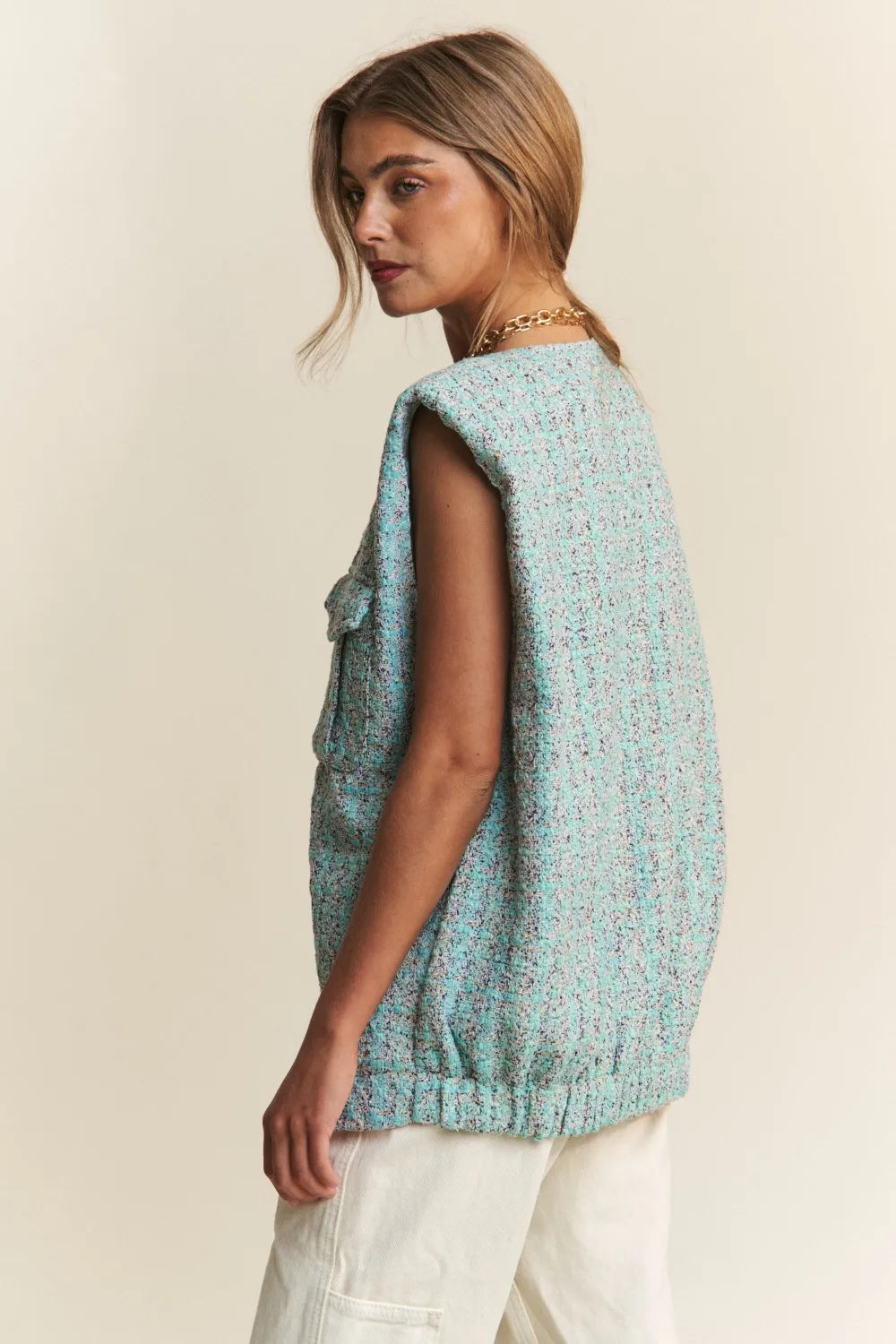 J.NNA Frayed Tweed Padded Shoulder Vest | Vests Daverri Fashions