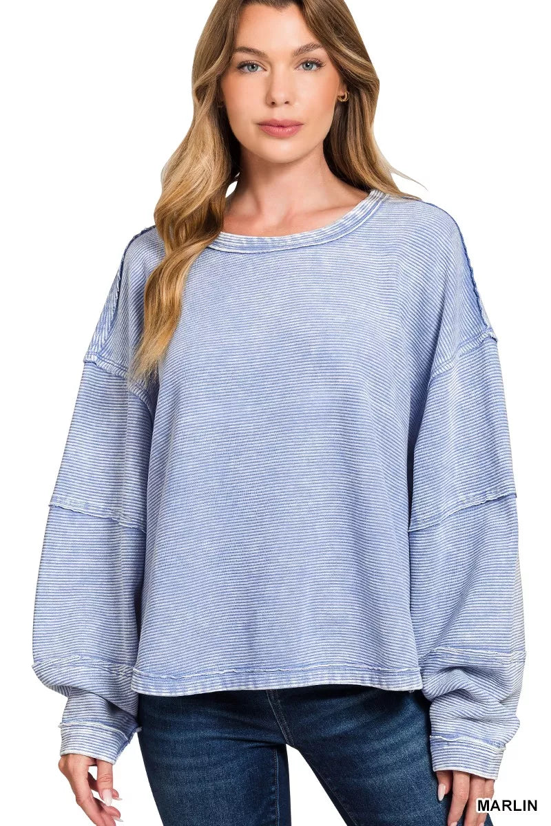 MARLIN Zenana Acid Washed Exposed-Seam Sweatshirt | Sweatshirts Daverri Fashions