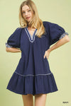 Navy blue Umgee French terry mini dress with puffed sleeves and ruffled striped trim